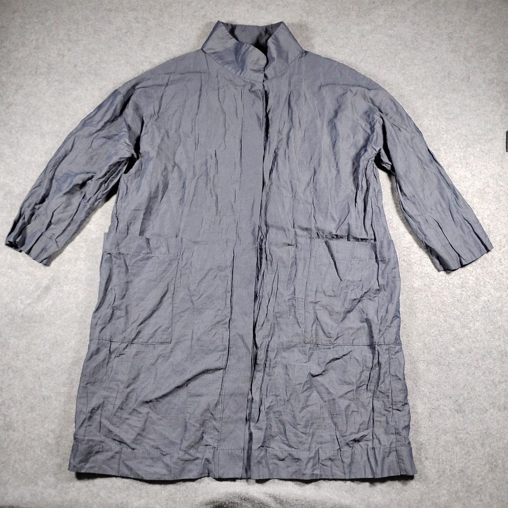 Eileen Fisher Women's Blue Cotton Steel Metallic Crinkle Stand Up Collar Coat M